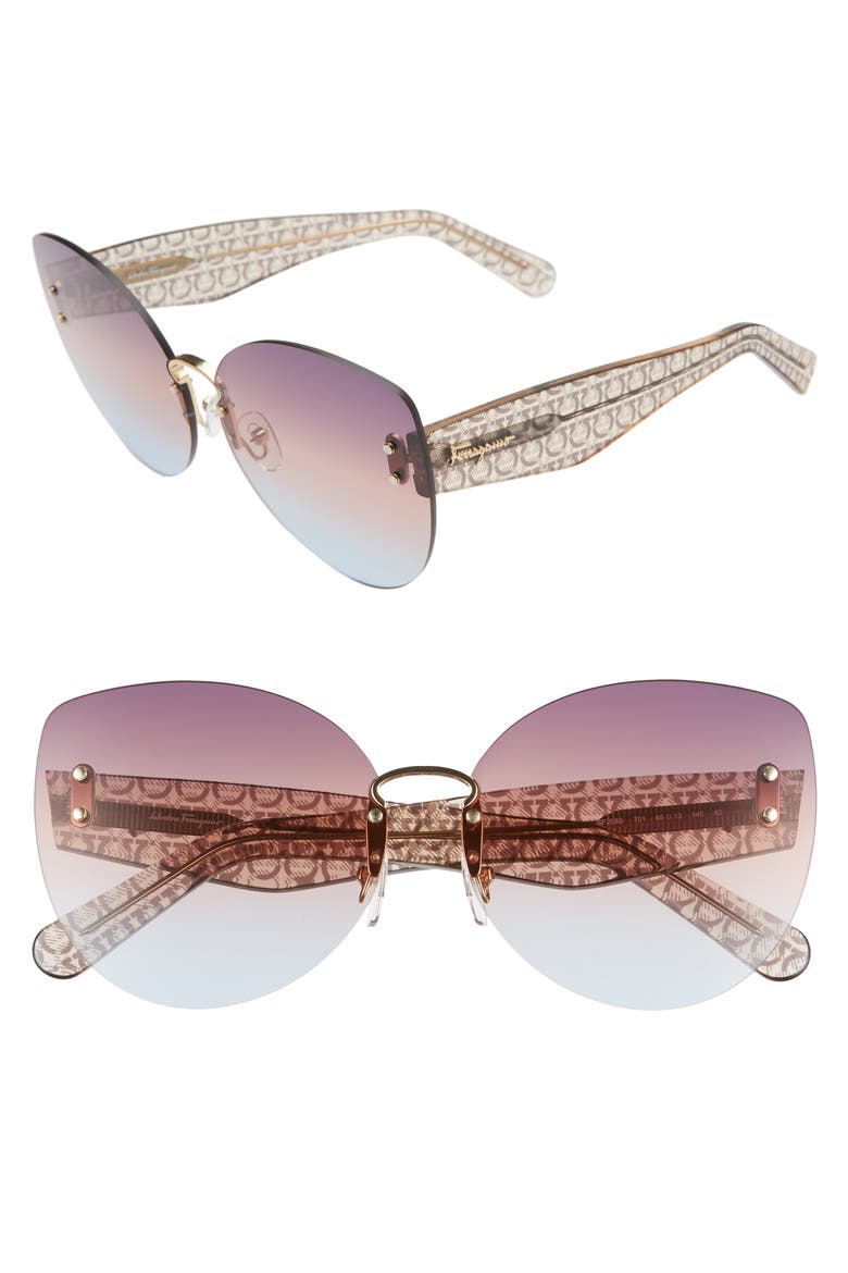 Salvatore Ferragamo 65mm Oversize Rimless Butterfly Sunglasses, Main, color, GOLD/ VIOLET ORANGE AZURE