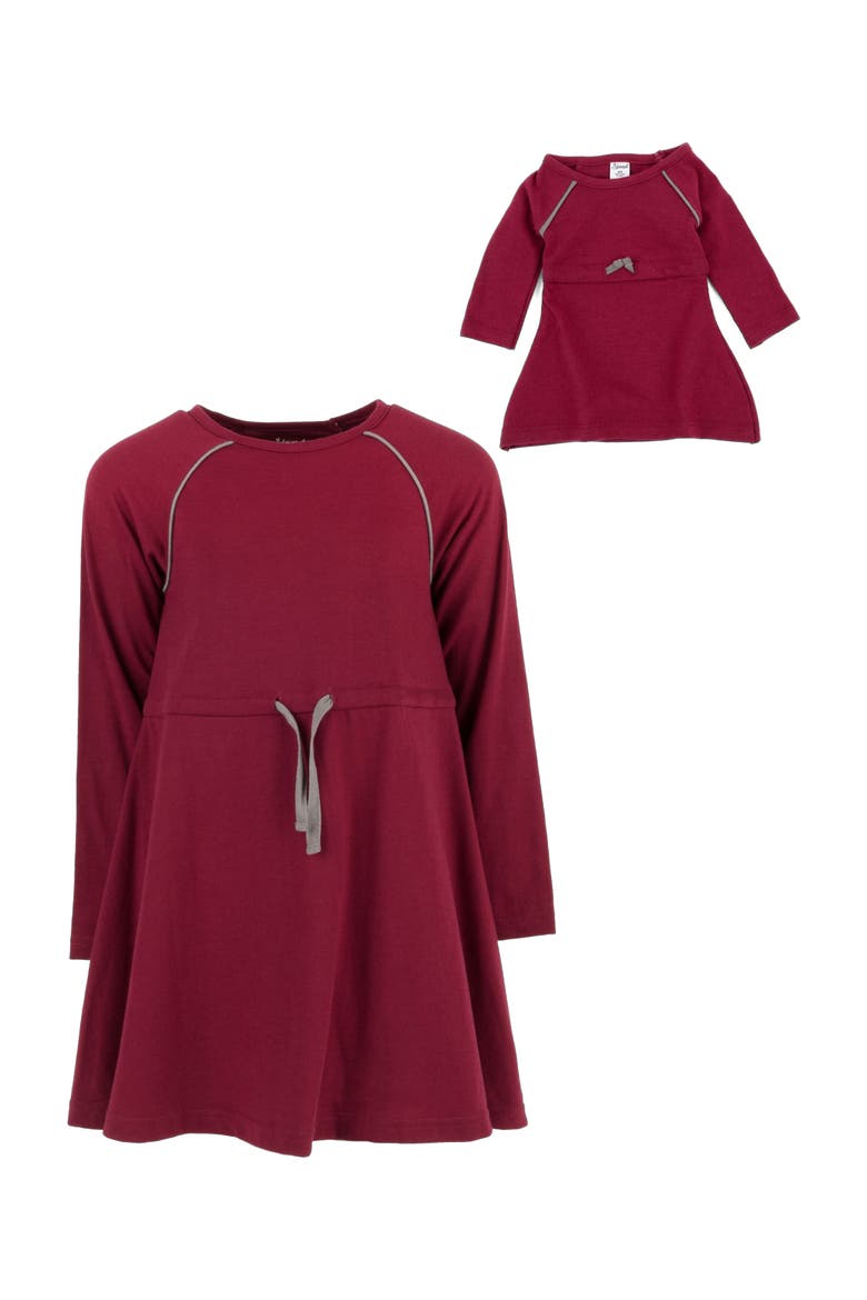 Girls Bow Tie Dress with Matching Doll Dress, Alternate, color, MAROON