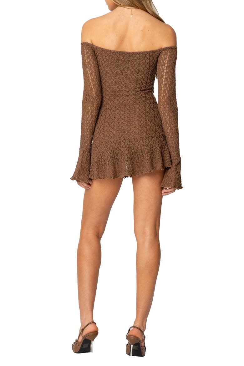 Mya Long Sleeve Off the Shoulder Lace Minidress, Alternate, color, BROWN