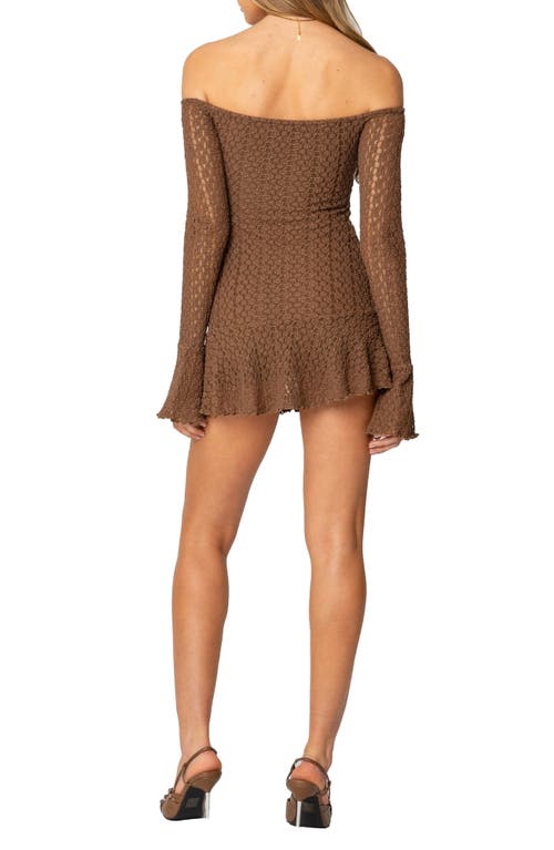 Edikted Mya Long Sleeve Off The Shoulder Lace Minidress In Brown