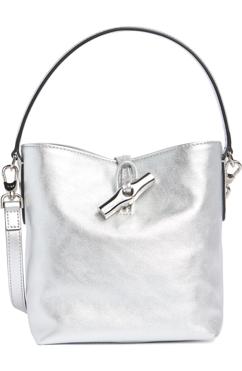 Longchamp Le Roseau Metallic Leather Bucket Bag, Main, color, Silver