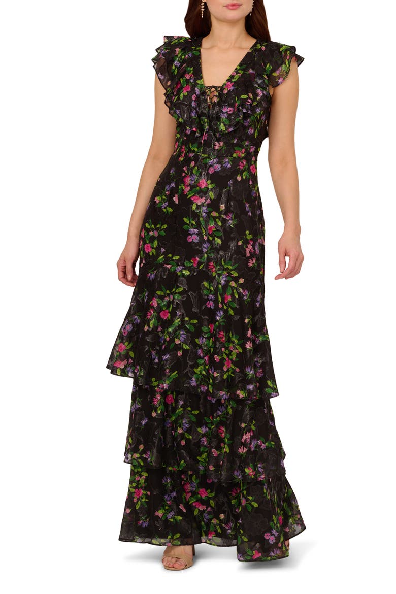 Tiered Floral Print Lace-Up Chiffon Gown, Main, color, BLACK MULTI