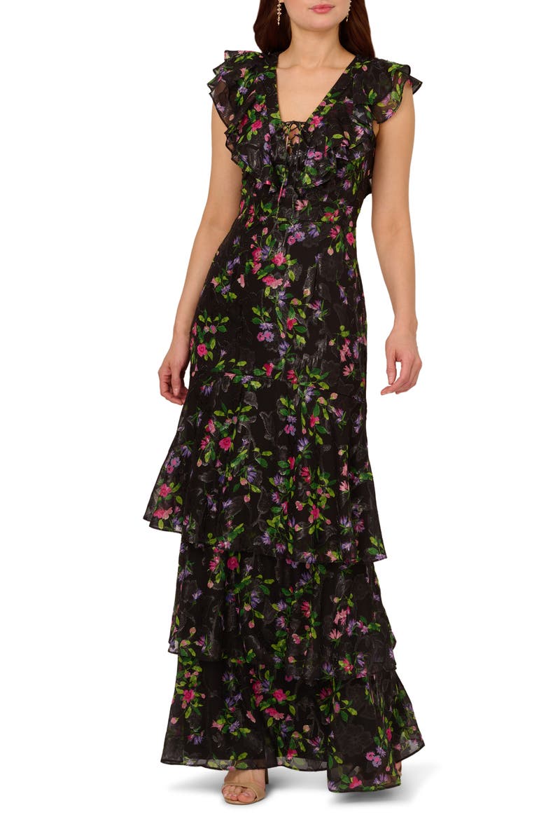 Adrianna Papell Tiered Floral Print Lace-Up Chiffon Gown, Main, color,