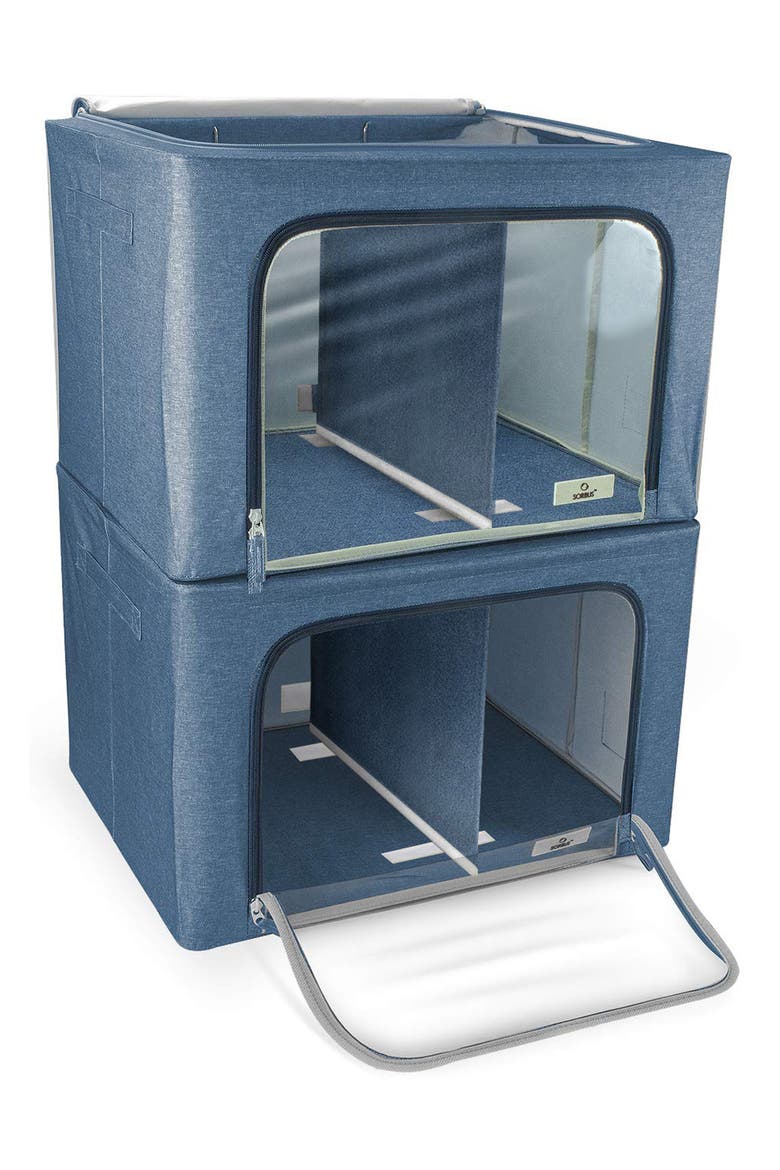 Set of 2 Stackable Foldable Organizer Bins, Main, color, BLUE