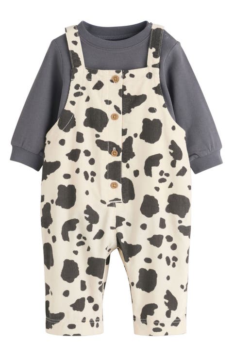 Kids' Cow Print Corduroy Overalls & Long Sleeve Bodysuit Set (Baby & Toddler)