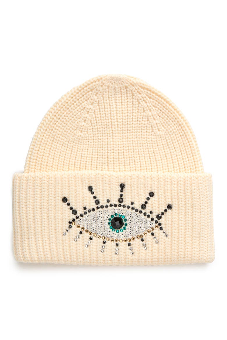 Beaded Evil Eye Beanie, Main, color, BONE