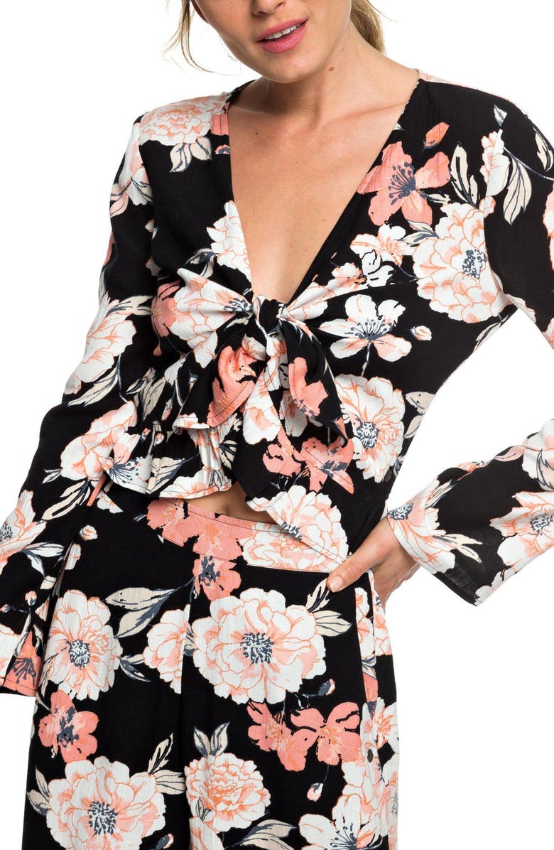 Roxy Blue Day Baby Floral Tie Front Crop Top, Main, color, 