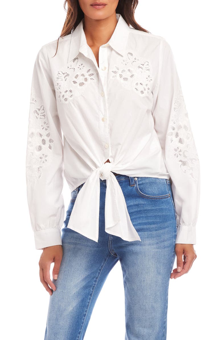 Karen Kane Tie Front Embroidered Button-Up Shirt, Main, color, Off White