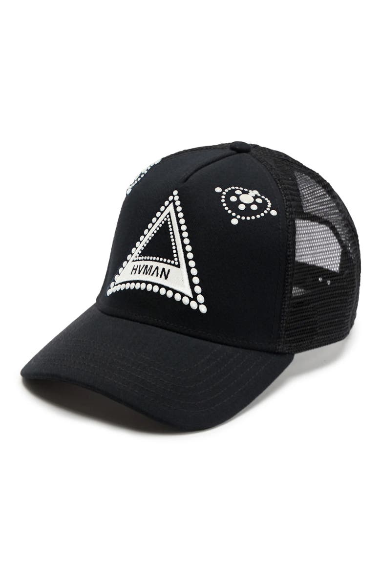 Triangle Logo Snapback Trucker Hat, Main, color, BLACK