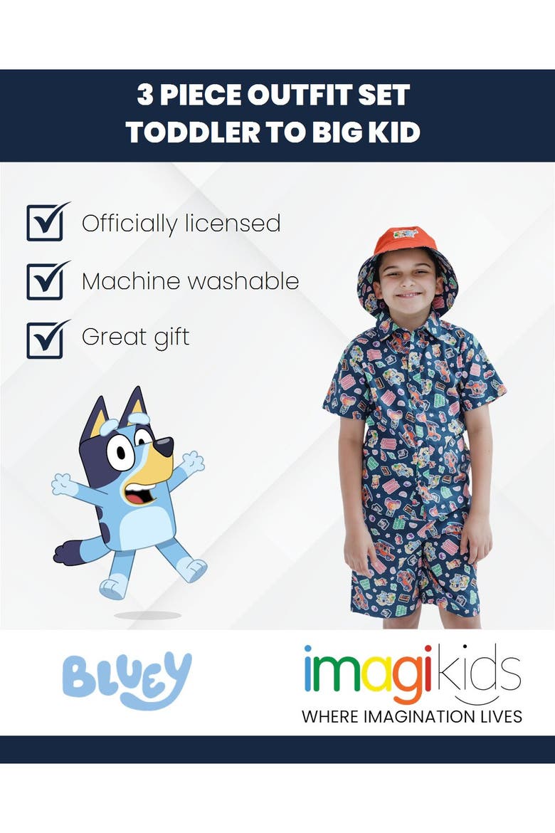 Button-Down Shirt and Shorts Set with Hat, Alternate, color, Navy Bluey Bingo