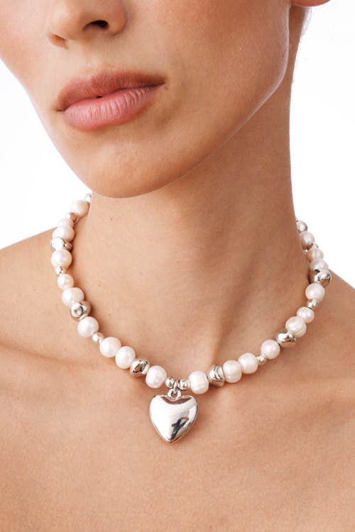 Velvet Luna Pearl Necklace With Steel Heart Charm In Metallic