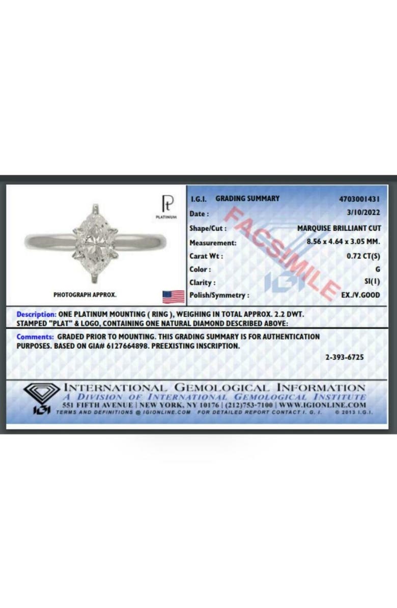 Bliss Diamond Platinum .72Ct Marquise Natural Certified Diamond Solitaire Engagement Ring, Alternate, color,