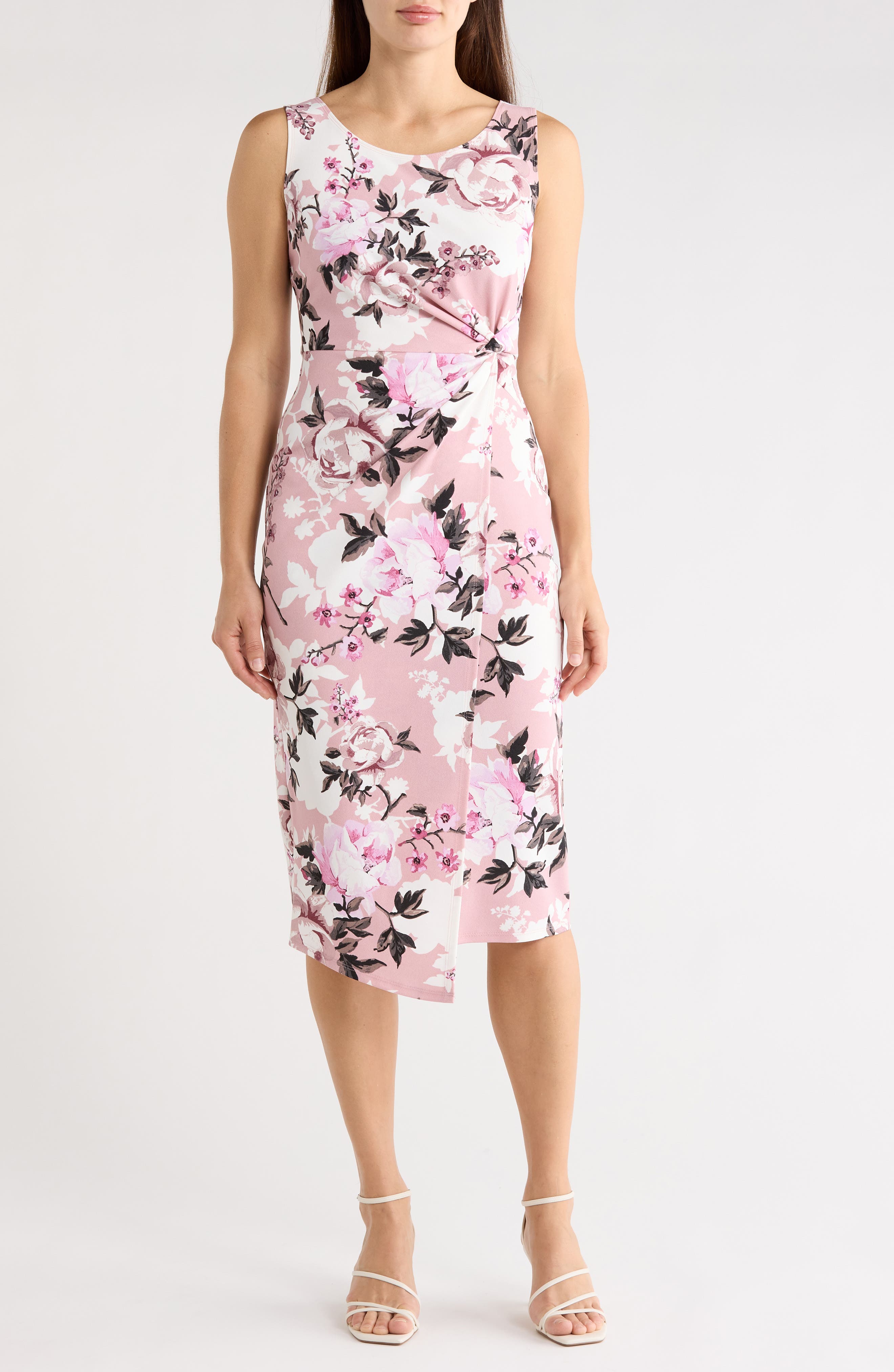 Connected Apparel Floral Twist Waist Crepe Dress