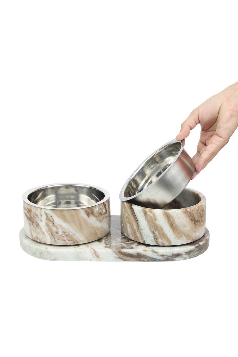 Marbre Modern Weighted Double Marble and Stainless Steel Bowl Feeder with Non-Slip Marble Tray Set, Alternate, color, Beige/Gray
