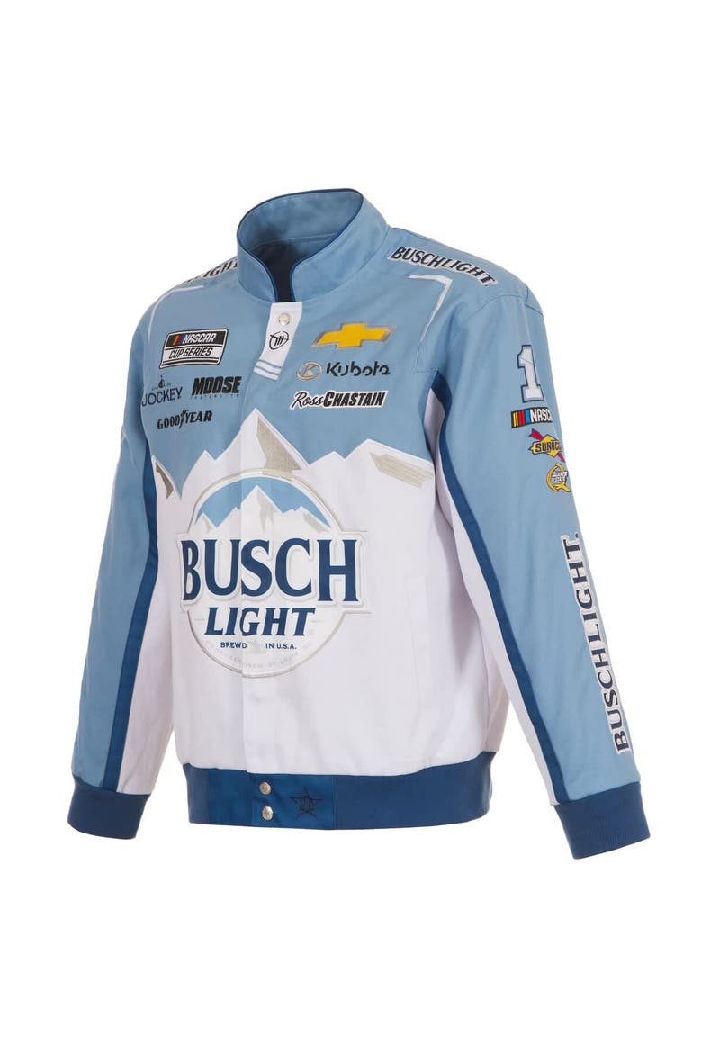 Men's JH Design White/Light Blue Ross Chastain Busch Light Full-Snap Twill Uniform Jacket, Alternate, color, White