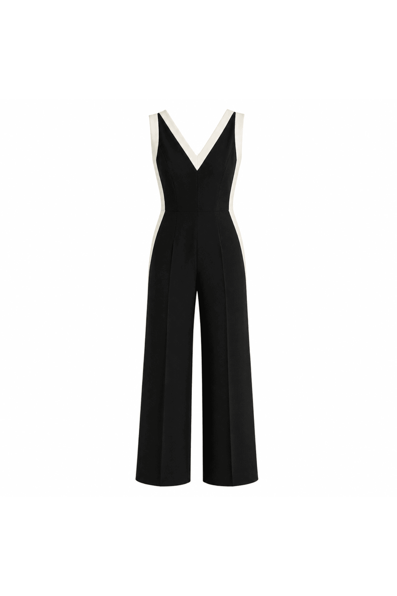 V-Neck Sleeveless Regular Fit Jumpsuit With White Stripes, Alternate, color, BLACK