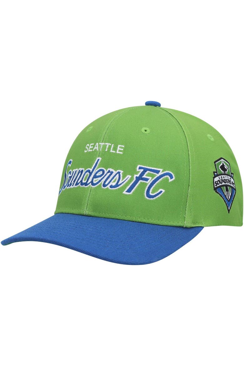 Men's Mitchell & Ness Green Seattle Sounders FC Team Script 2.0 Stretch Snapback Hat, Main, color, Green