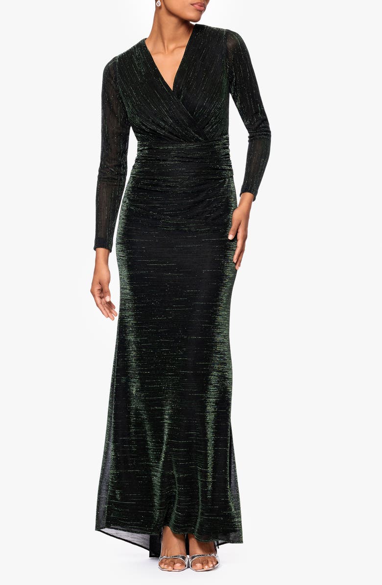 Betsy & Adam Metallic Long Sleeve Ruched Gown, Main, color, Black/ Green