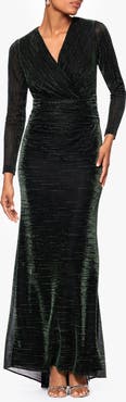 Betsy & Adam Metallic Long Sleeve Ruched Gown