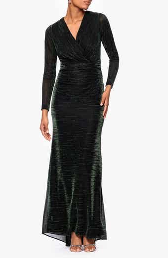 Betsy & Adam Metallic Long Sleeve Ruched Gown
