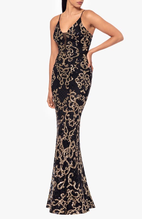 Betsy & Adam Sequin Mermaid Gown In Black/gold