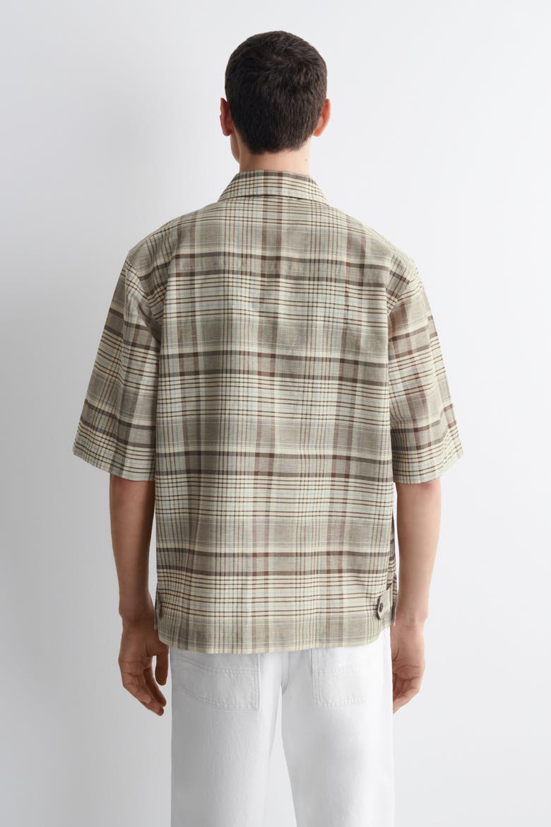 Checked Linen-blend Short-sleeved Shirt, Alternate, color, BEIGE / CHECKED