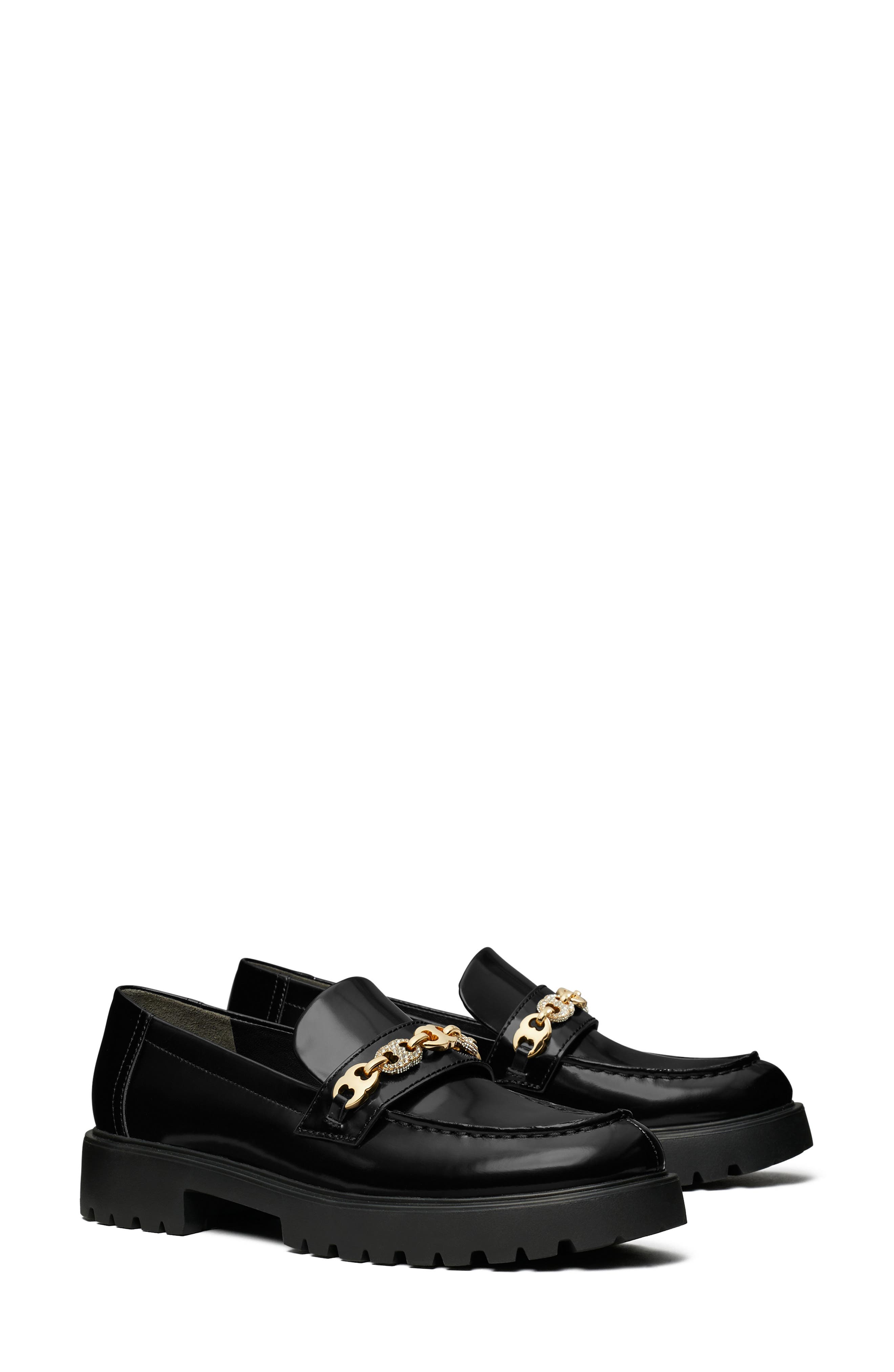Tory Burch Gemini Embellished Lug Sole Loafer, Main, color, Perfect Black / Gold