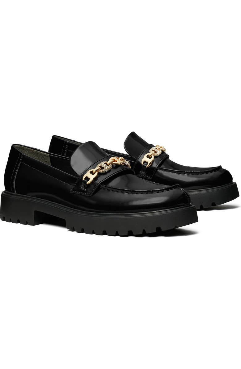 Tory Burch Gemini Embellished Lug Sole Loafer, Main, color, Perfect Black / Gold