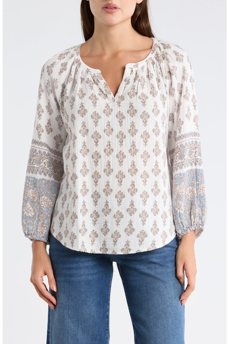 Balloon Sleeve Cotton Top, Main, color, CREAM MULTI
