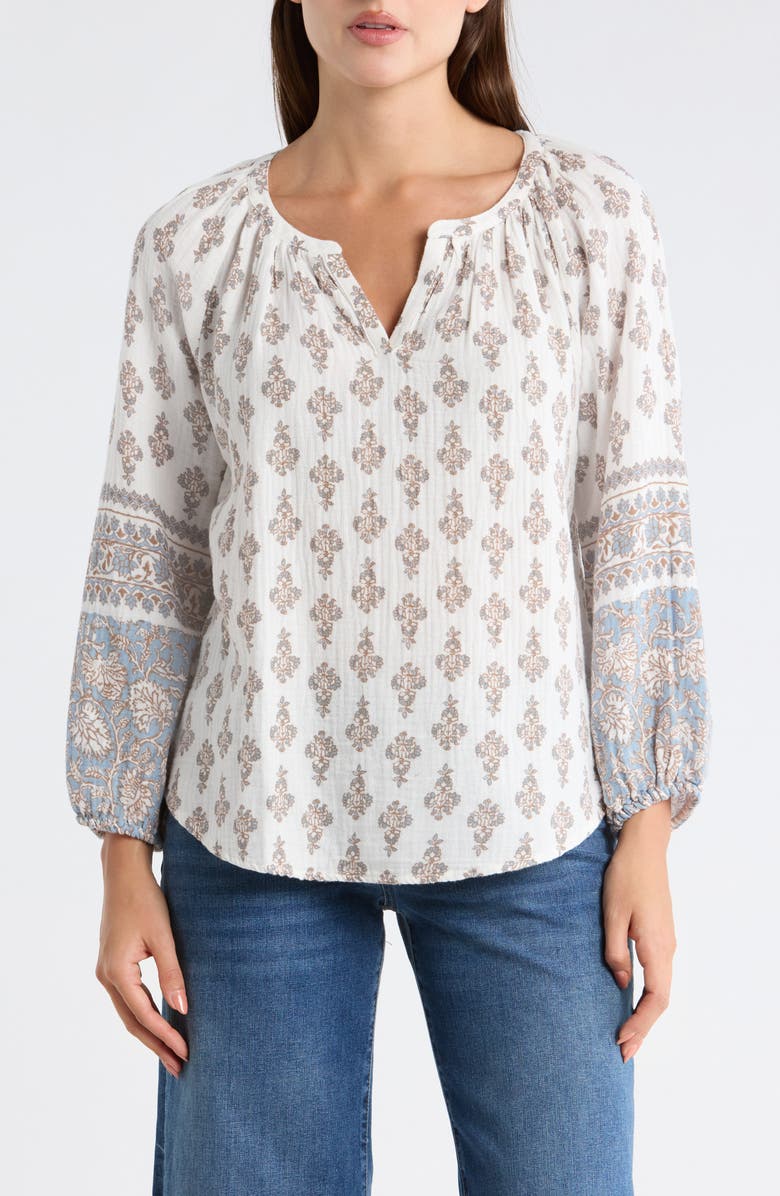 Lucky Brand Balloon Sleeve Cotton Top, Main, color, Cream Multi