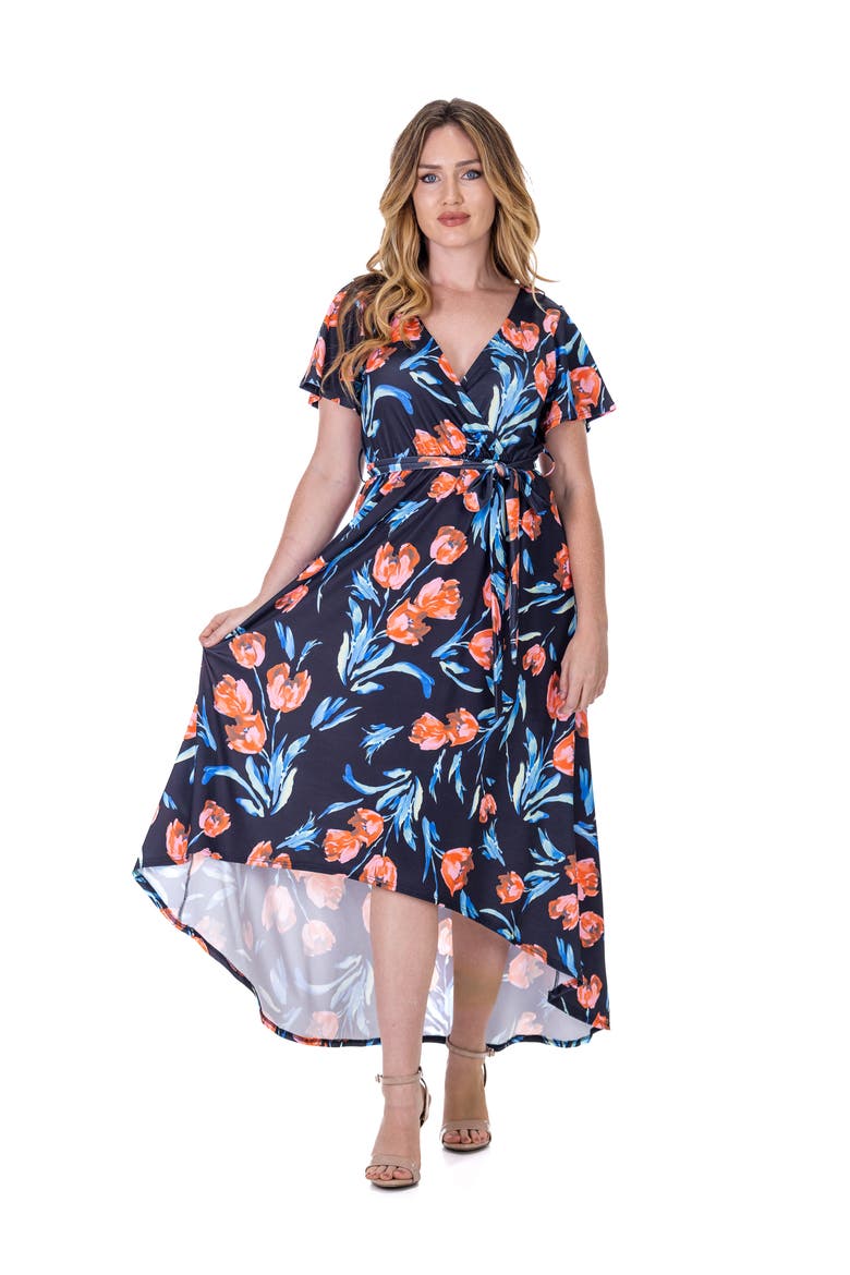 Floral V-Neck Belted High Low Faux Wrap Dress, Main, color, Navy Multi
