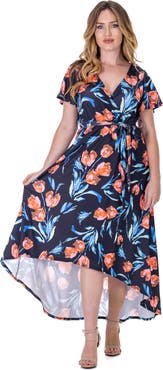 24seven Comfort Apparel Floral V-Neck Belted High Low Faux Wrap Dress