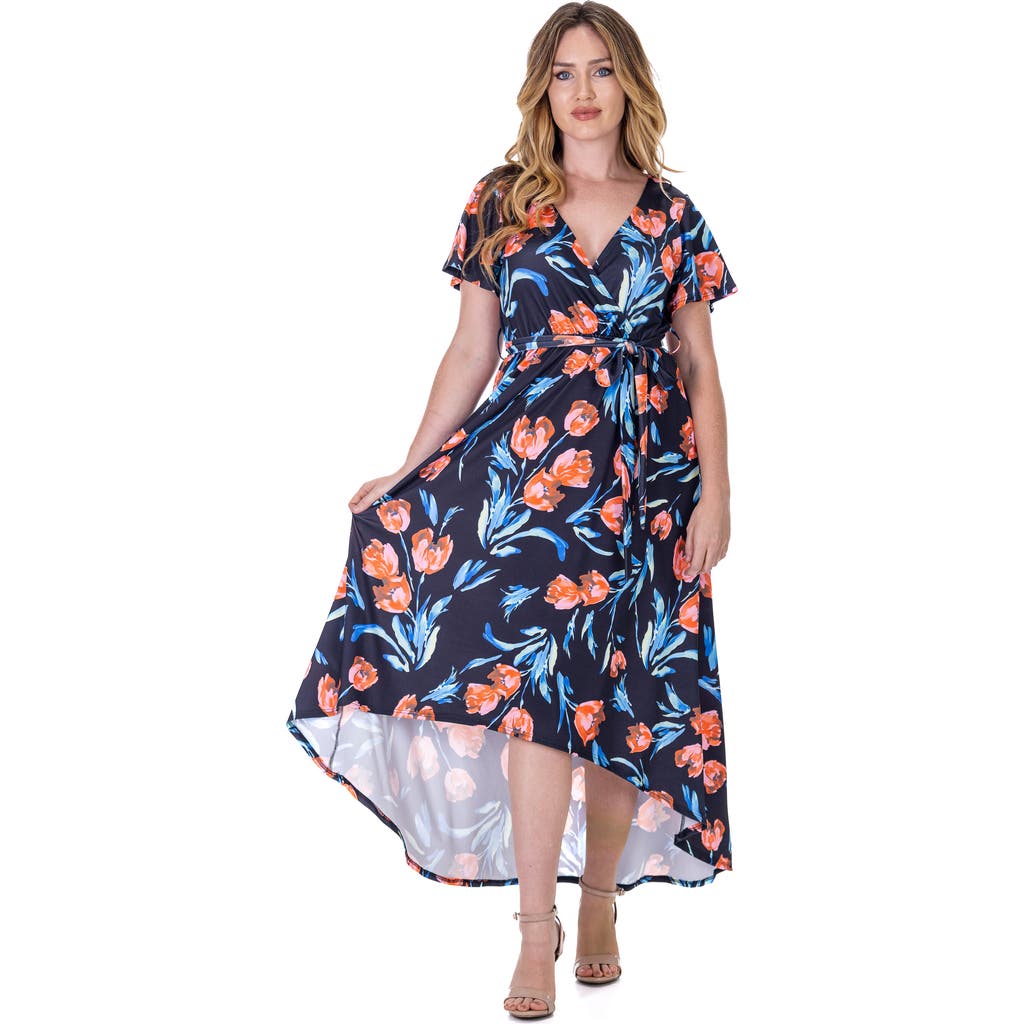 24seven Comfort Apparel Plus Size V Neck Belted High Low Faux Wrap Dress In Multi