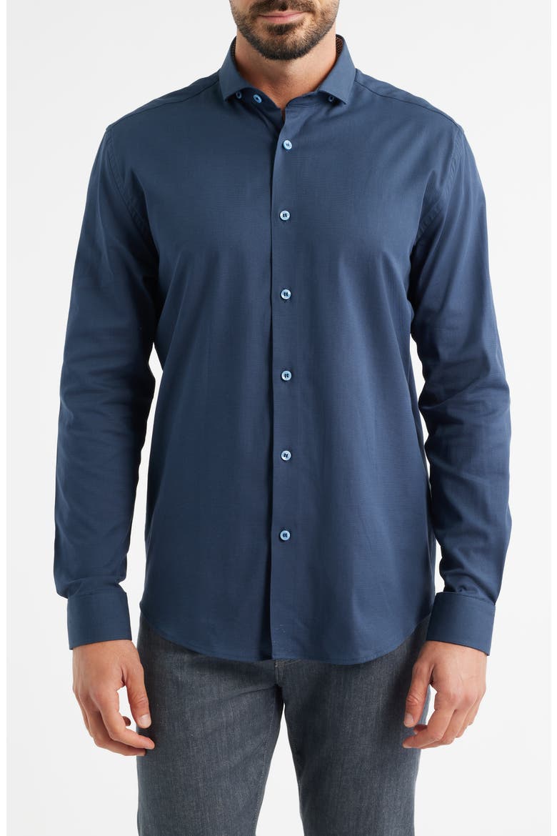 Nova Legacy Solid Navy Stretch Cotton Blend Button-Up Shirt, Main, color, DARK NAVY