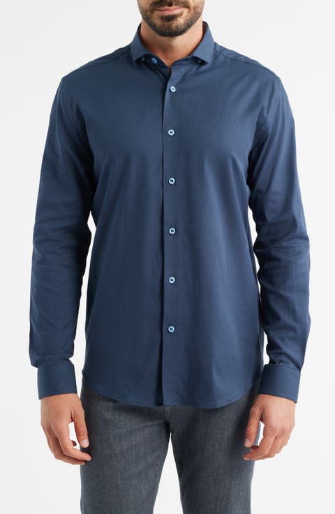 Nova Legacy Solid Navy Stretch Cotton Blend Button-Up Shirt