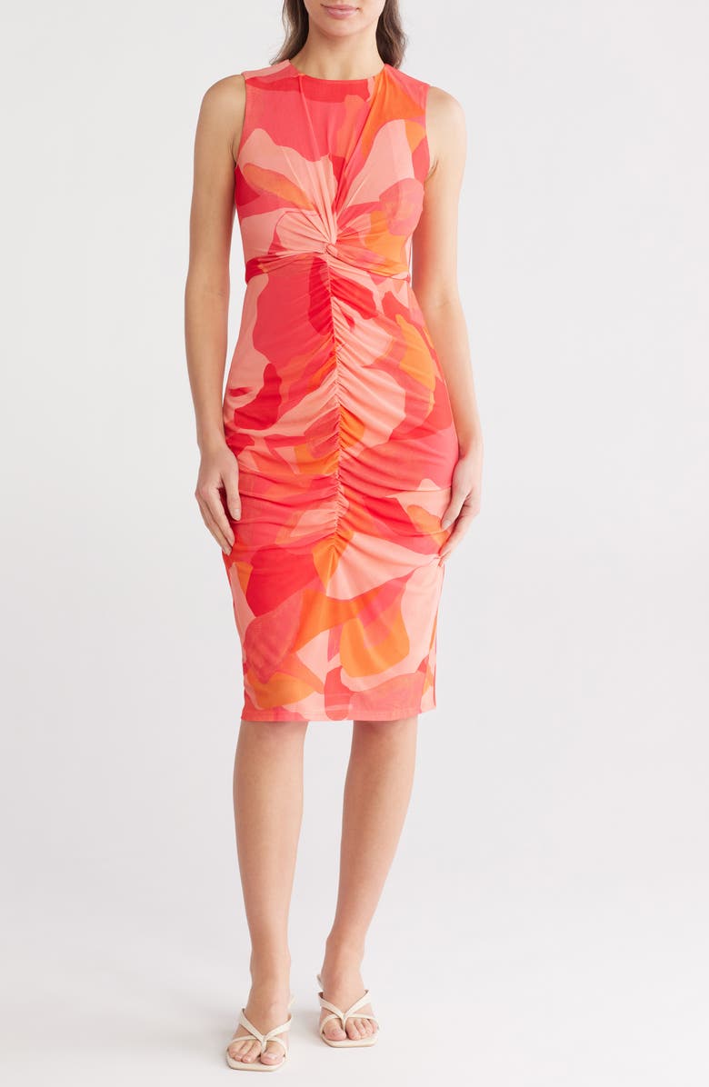 Vince Camuto Sleeveless Ruched Mesh Body-Con Dress, Main, color, Pink Multi