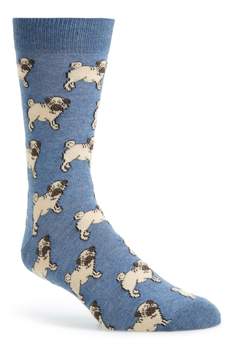 Pug Dog Pattern Socks, Main, color, MID BLUE
