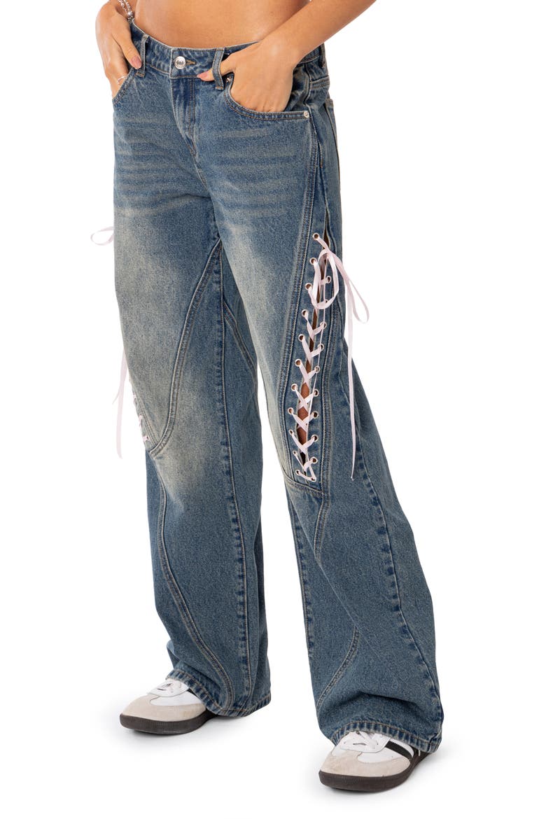 Lace-Up Knee Low Rise Wide Leg Jeans, Alternate, color, BLUE
