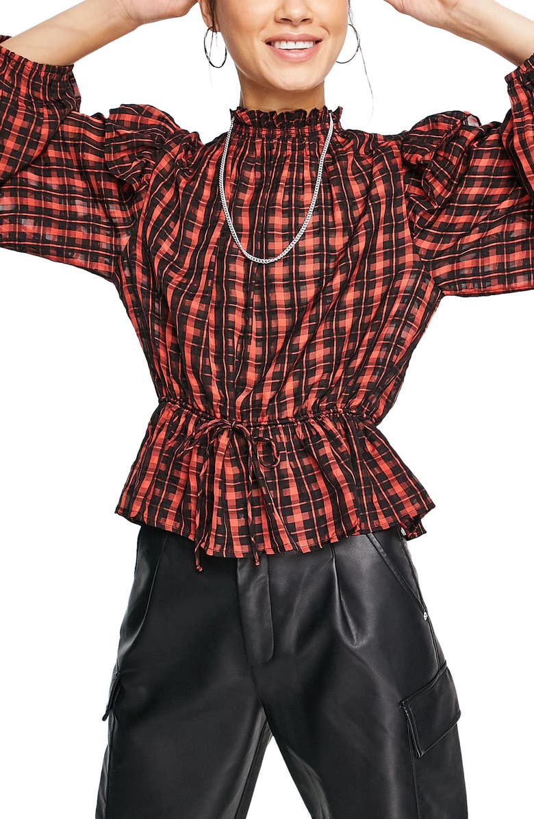 Topshop Check Frill Blouse, Main, color, 