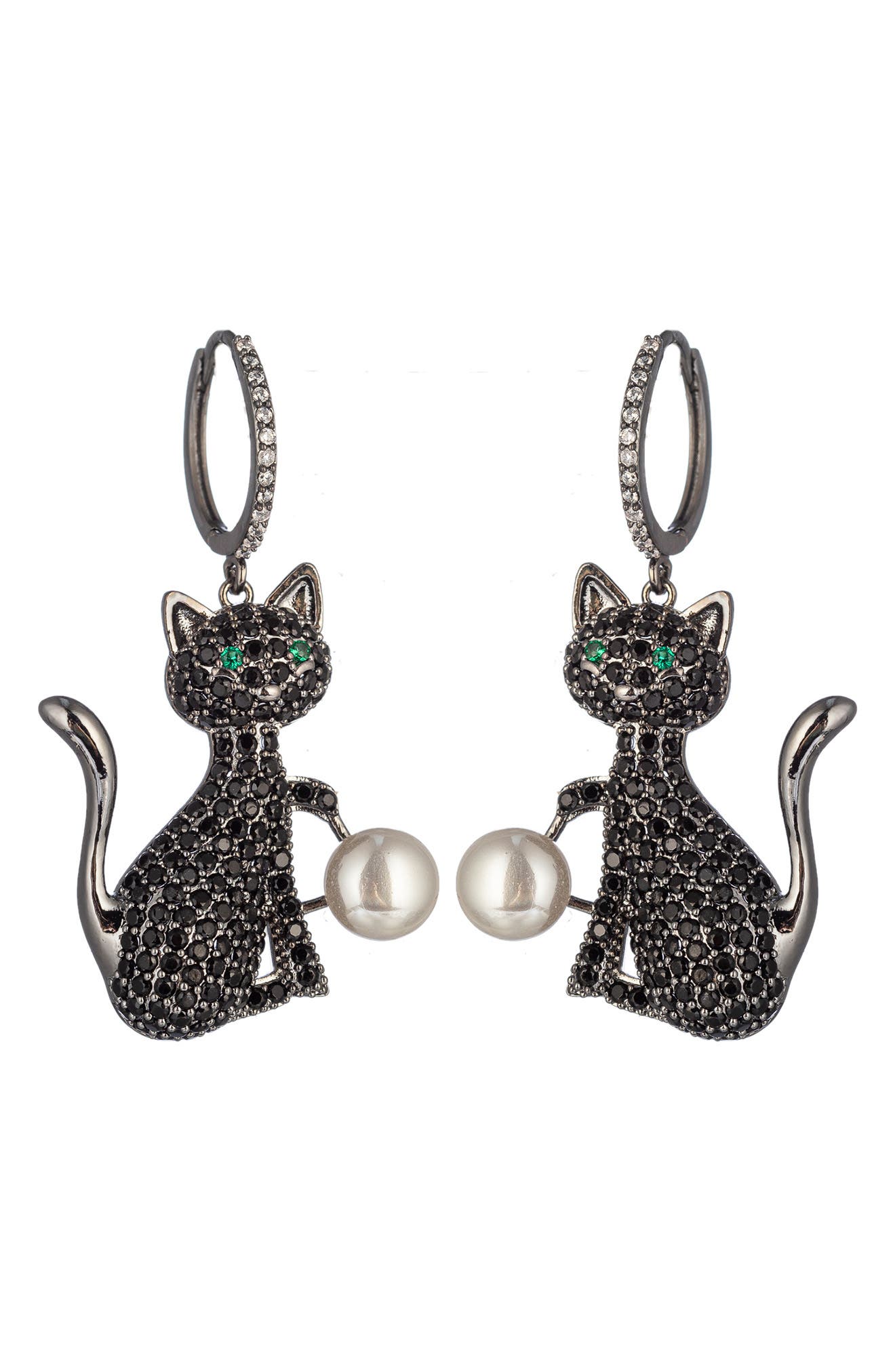 Cubic Zirconia & Faux Pearl Black Cat Drop Huggie Hoop Earrings