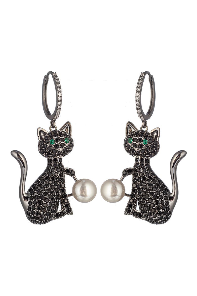 Cubic Zirconia & Faux Pearl Black Cat Drop Huggie Hoop Earrings, Main, color, WHITE PEARL/ BLACK