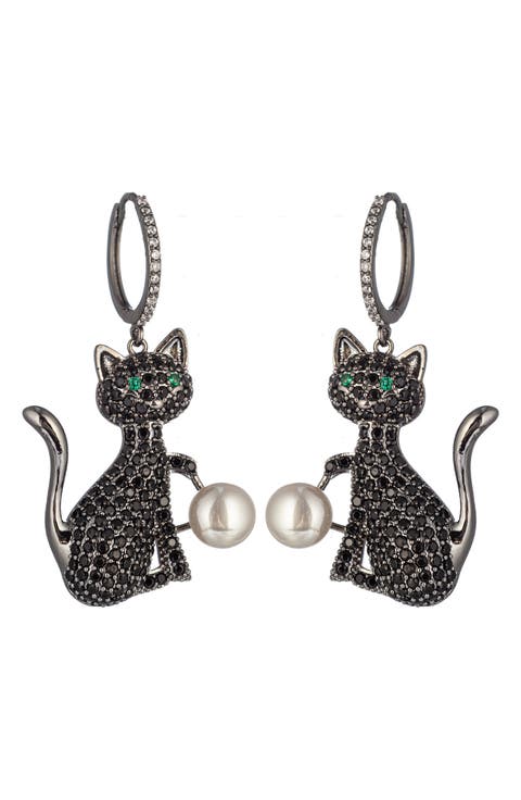 Cubic Zirconia & Faux Pearl Black Cat Drop Huggie Hoop Earrings