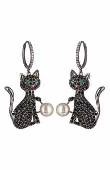 Cubic Zirconia & Faux Pearl Black Cat Drop Huggie Hoop Earrings