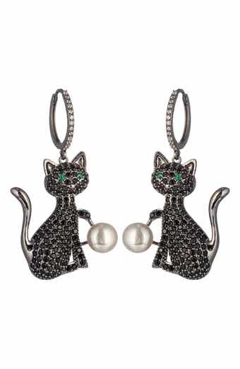 Cubic Zirconia & Faux Pearl Black Cat Drop Huggie Hoop Earrings