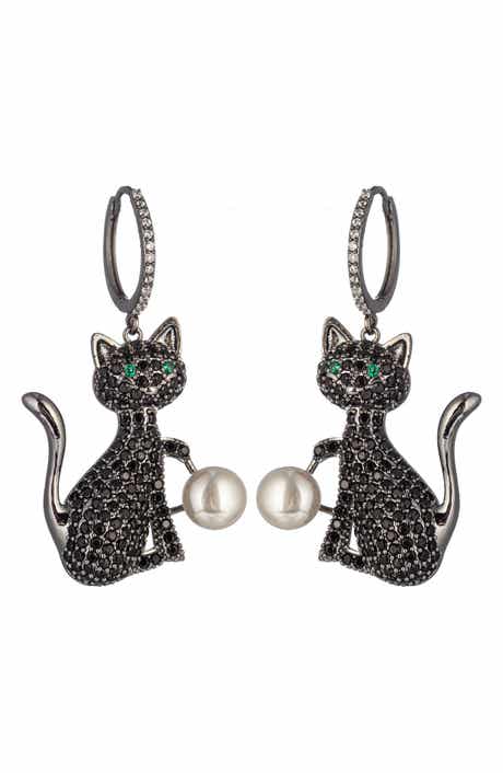 Cubic Zirconia & Faux Pearl Black Cat Drop Huggie Hoop Earrings