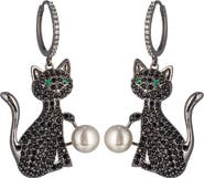 EYE CANDY LOS ANGELES Cubic Zirconia & Faux Pearl Black Cat Drop Huggie Hoop Earrings