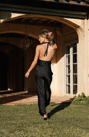 Kalina Lace Trim Halter Satin Maxi Dress