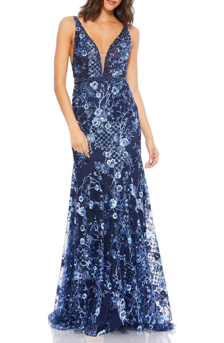 Mac Duggal Floral Embellished Sleeveless Plunge Neck Gown, Main, color, Twilight
