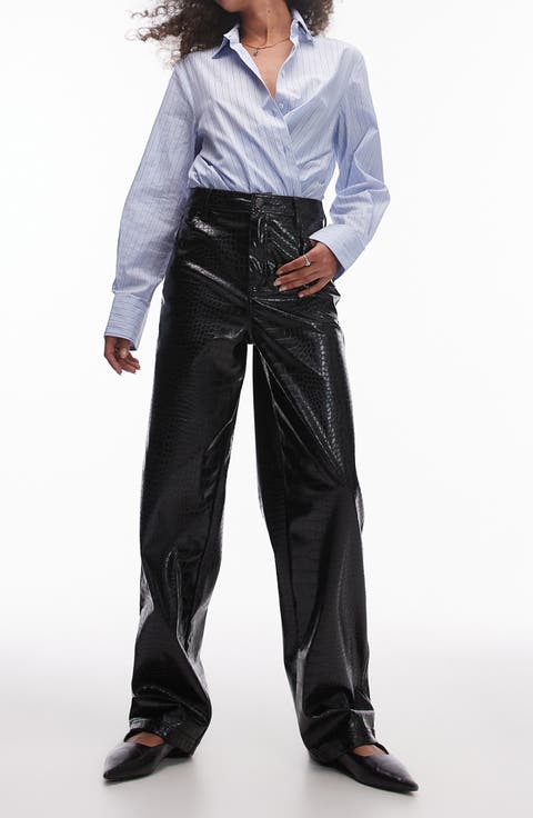 Wide Leg Croc Embossed Faux Leather Pants