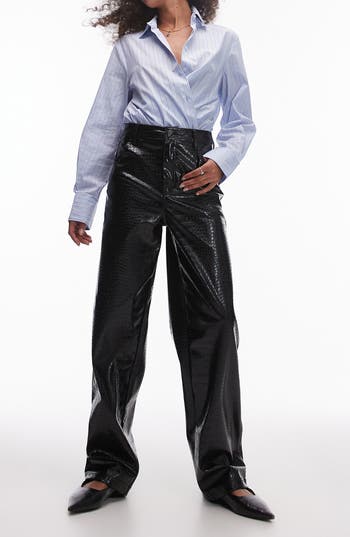 Topshop Wide Leg Croc Embossed Faux Leather Pants In Black